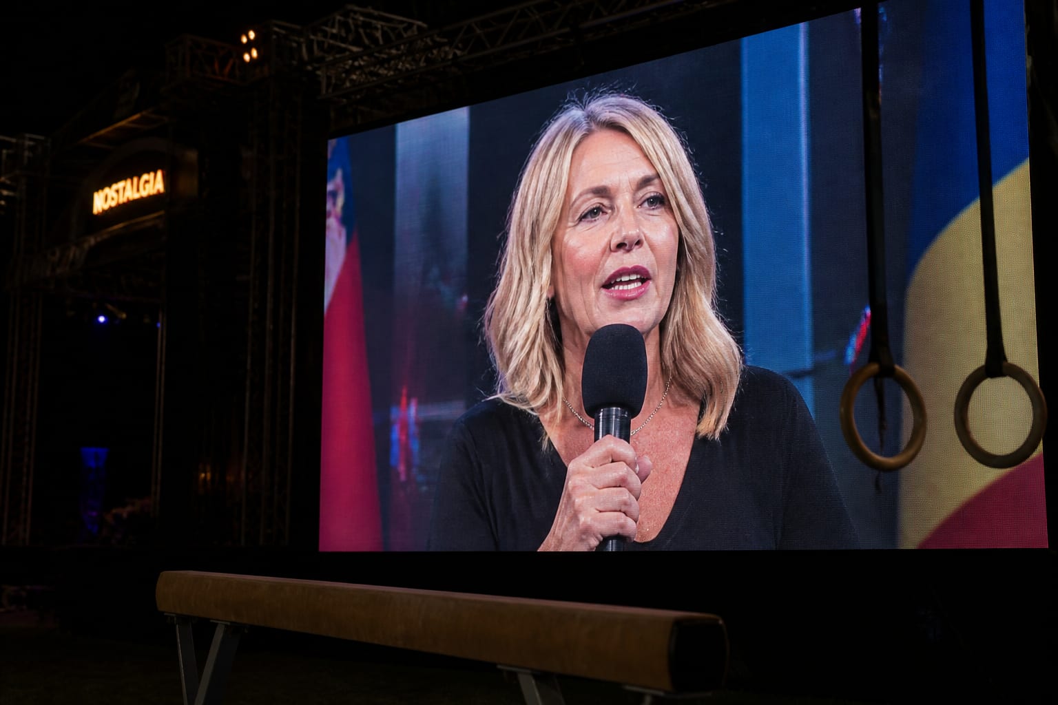 Nadia Comăneci a apărut pe ecran la festivalul Nostalgia pentru a marca jumătate de secol de la nota 10 perfectă