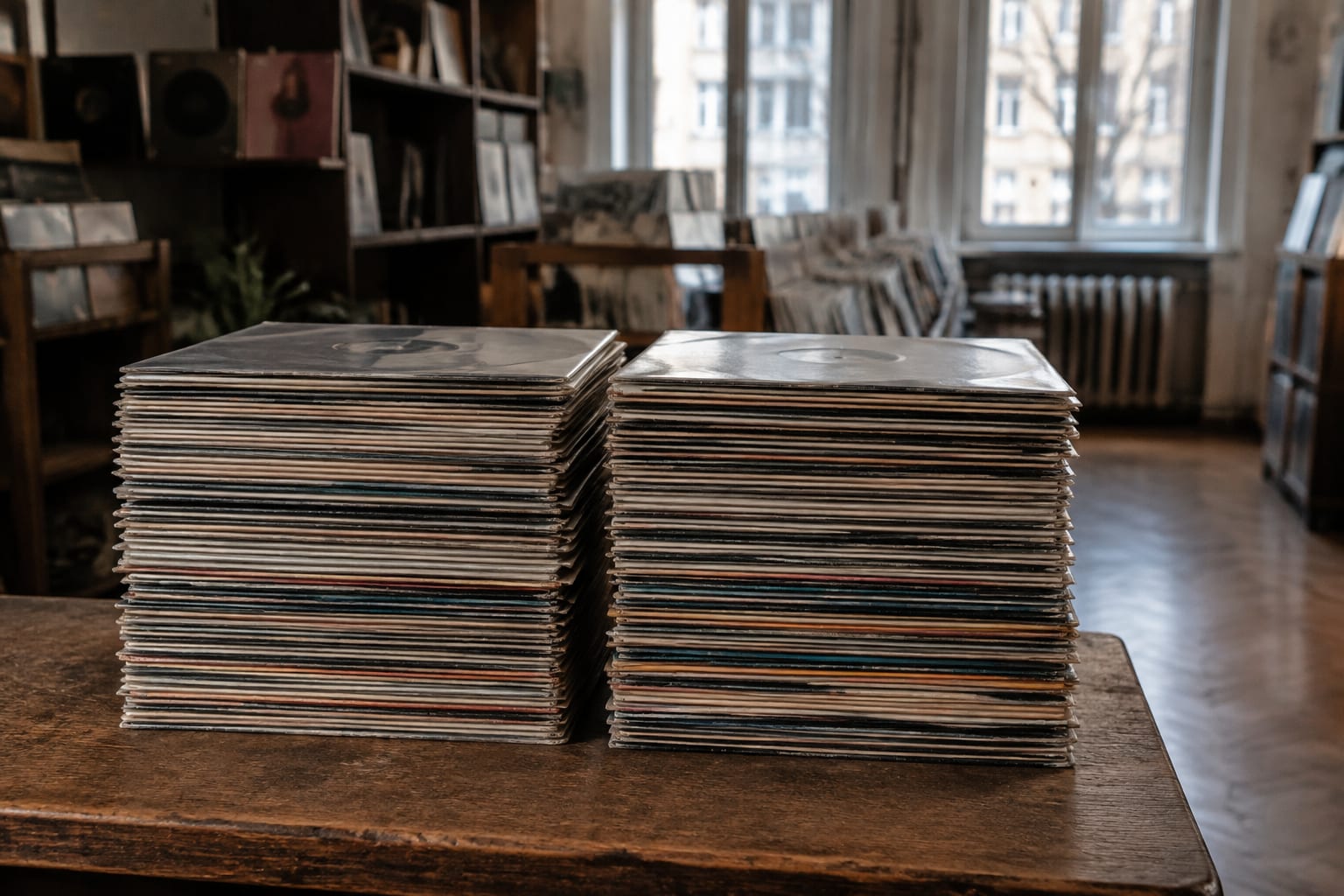 Două stive înalte de discuri vinyl